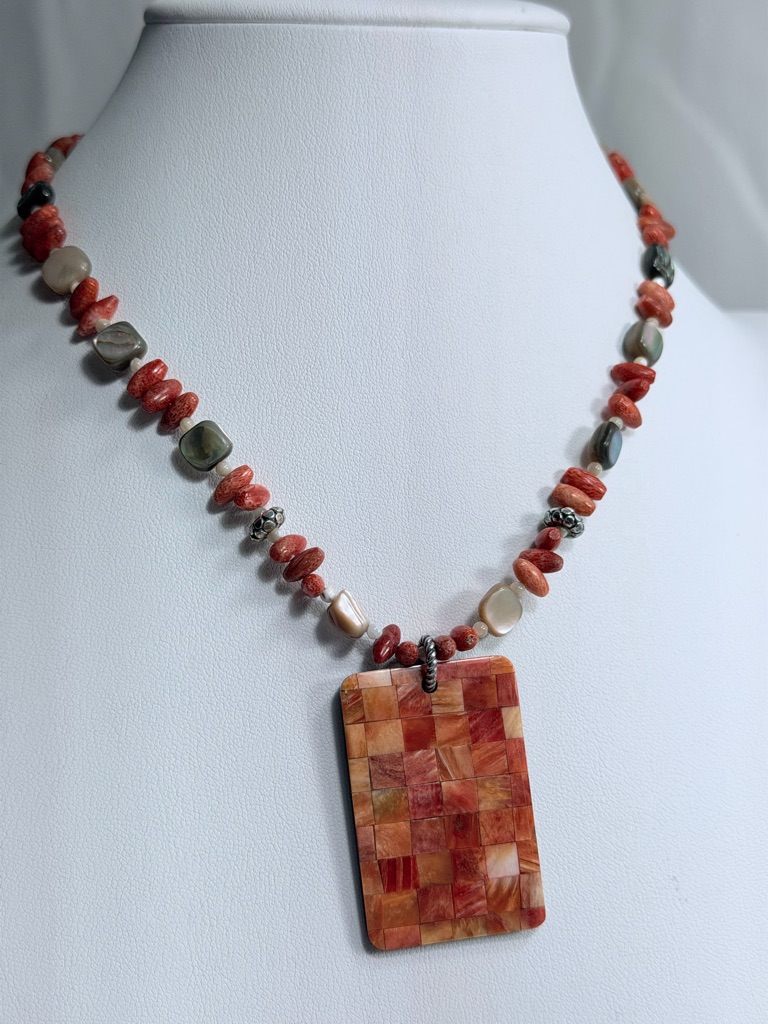 Silpada Sterling Coral Abalone Mother Of Pearl Necklace & Checkerboard Pendant